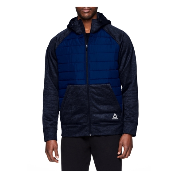 Reebok Men's Active Hybrid Jacket Full Zip with Hood Navy - Picture 1 of 3